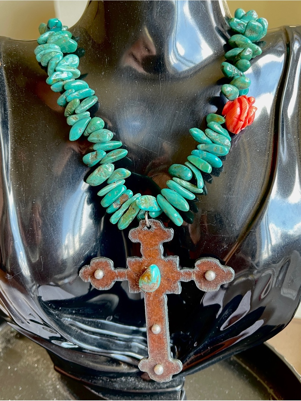 Vintage SW Handmade Genuine Turquoise Carved Coral Rose Crucifix Necklace